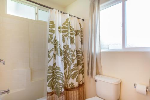 沃尔卡诺Pukeawe Hale的一间带卫生间和淋浴帘的浴室