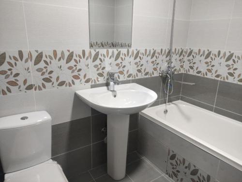 塔什干Real Tashkent的浴室配有盥洗盆、卫生间和浴缸。