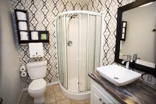 布罗蒙布罗蒙公寓式酒店的带淋浴、卫生间和盥洗盆的浴室