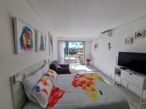 阿格德角Cap Capistol Studio avec terrasse, vue port的一间卧室配有一张床和一台电视