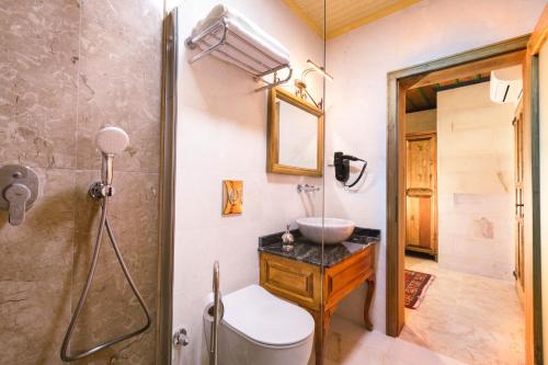 格雷梅Sapphire Stone hotel的一间带水槽、卫生间和淋浴的浴室