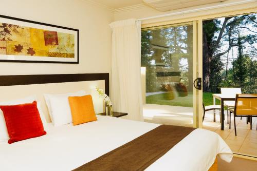 温特沃斯瀑布蓝山瀑布山庄酒店的一间卧室设有一张床和一个大窗户