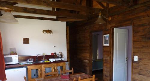 厄尔查尔坦卡瓦尼亚斯埃尔佩斯拓苏尔山林小屋的厨房设有木墙和桌椅