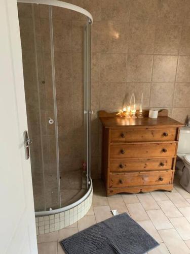 Sandton20 On Plover - Private Cottage的带淋浴的浴室和木质梳妆台