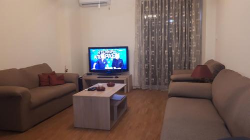 瓦里Alianthos Beach Apartment的客厅配有2张沙发和1台平面电视