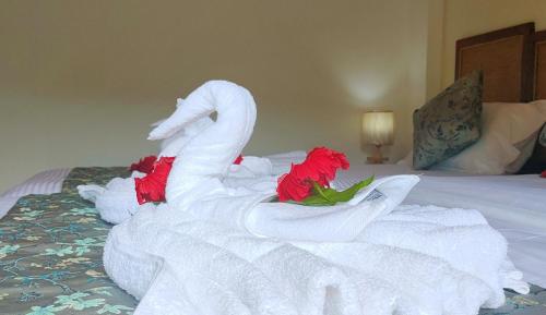 拉迪格岛Mountain View Hotel的床上用毛巾制成的天鹅