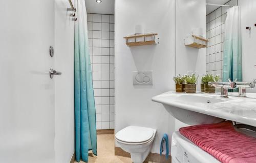 TranekærHavudsigt, skøn lille lejlighed的白色的浴室设有水槽和卫生间。