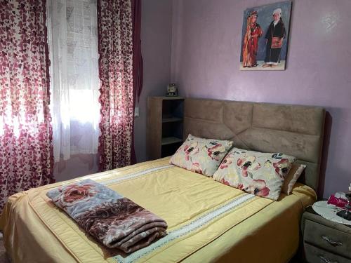 艾兹鲁Cozy Home in Azrou的一间卧室配有一张带黄色床单和枕头的床。