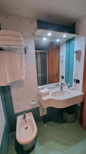 波米利亚诺达尔科HOTEL QUADRIFOGLIO的一间带水槽、卫生间和镜子的浴室