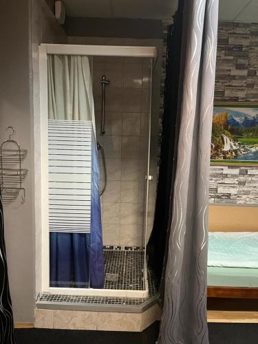 菲尔特Hipokratios 1的浴室内带窗帘的淋浴