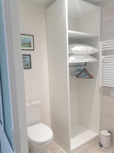 BlasimonAu Clos du Bourg的白色的浴室设有卫生间和架子。