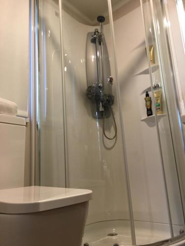 班戈P72 - Swift Pod with Hot Tub的一间带卫生间的浴室内的玻璃淋浴间
