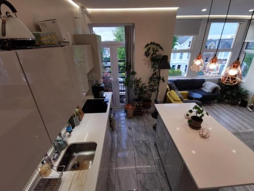伦敦Entire 1-Bed Apartment in London Haringey的一间带白色台面的厨房和一间客厅