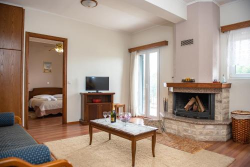 卡尔派尼西翁Ξένη resort的带沙发和壁炉的客厅