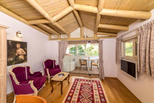 马尔马里斯佩图亚康纳克精品酒店的客厅设有木制天花板、紫色椅子和桌子