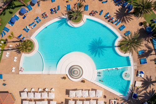 马斯帕洛马斯厄沃金色花园套房酒店的享有带椅子和棕榈树的游泳池的顶部景致