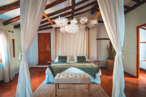 Los CojosVILASIRA ( Rooms & Wines )的一间卧室配有一张床和一个吊灯