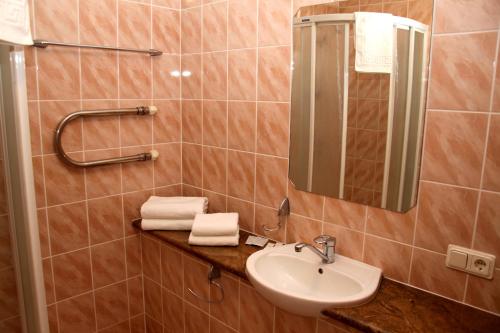 Dobele多贝勒酒店的浴室配有盥洗盆、镜子和毛巾