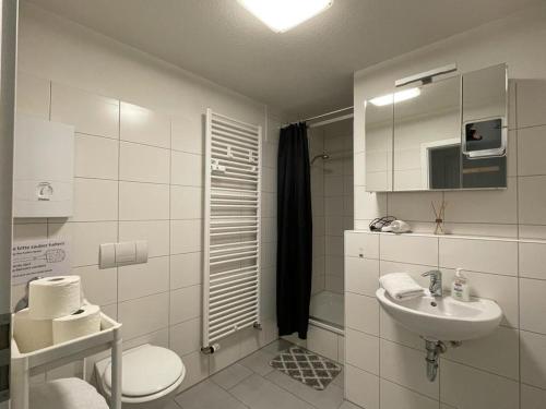 格拉德贝克Modernes Appartement的白色的浴室设有卫生间和水槽。
