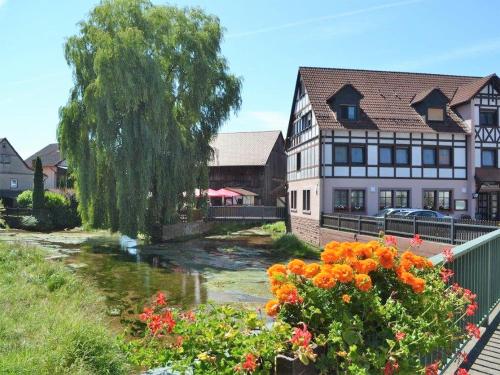 巴特索登-萨尔明斯特Landgasthof Zum Jossatal的花草和房屋的小镇上的河流