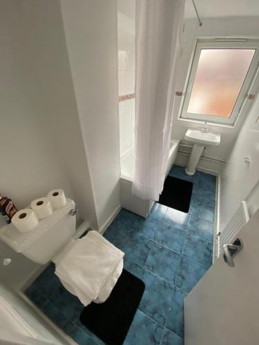 伦敦Lovely 3 Bedroom Apartment in the Heart of Hackney的白色的浴室设有卫生间和水槽。