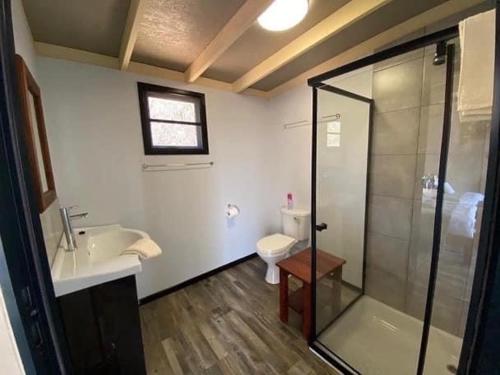 DivunduWhite Sands Lodge的带淋浴、盥洗盆和卫生间的浴室