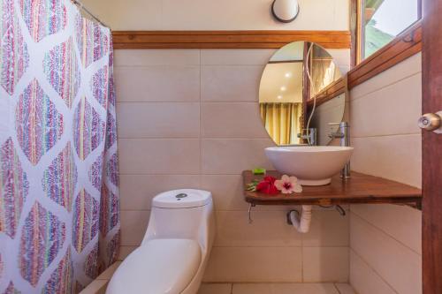 德雷克Punta Marenco Lodge的一间带水槽、卫生间和镜子的浴室