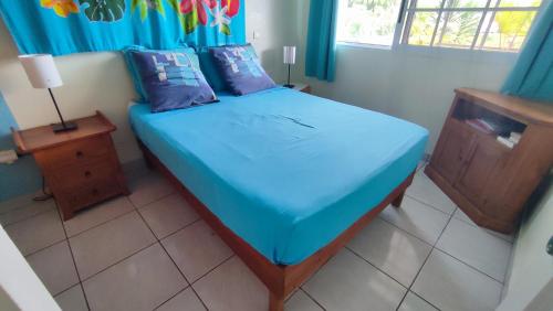 MahinaManava Tahara'a Home Stay的一间卧室配有一张带蓝色床单的床和一扇窗户。