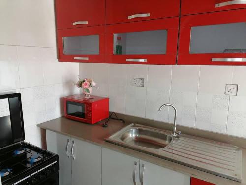 库马西Cheerful 2-bedroom Apartment with free parking的厨房配有水槽和红色微波炉