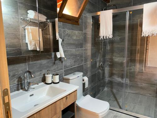 AğaçlıThe Stone Castle Boutique Hotel的浴室配有卫生间、盥洗盆和淋浴。