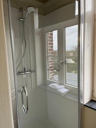 WilderenGasthof De Statie的浴室设有玻璃淋浴间和窗户
