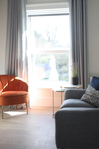 科克Crawford House- ScholarLee Living Apartments的带沙发和窗户的客厅