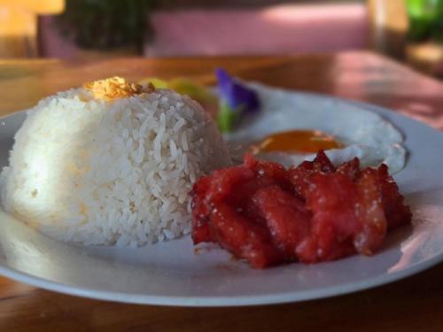 SalabusobCamp Paraiso Resort的盘子上放着酱油的米饭和肉