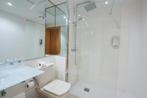塞哥维亚洛斯阿科斯酒店的带淋浴、卫生间和盥洗盆的浴室