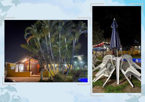伊塔尼亚恩Hostel Pedacinho do Céu的两张带遮阳伞和椅子的游乐场的照片