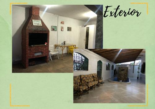 大普拉亚Pousada&Hostel Lincoln Praia Grande的客房设有壁炉、桌子和椅子。