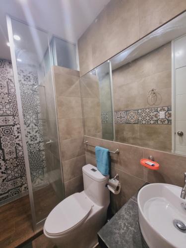 伊察Departamento exclusivo ica的浴室配有卫生间、盥洗盆和淋浴。