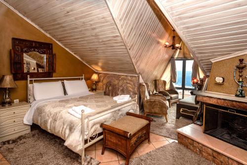 阿拉霍瓦Lykovrisi Guest House的一间卧室配有一张床和一个壁炉