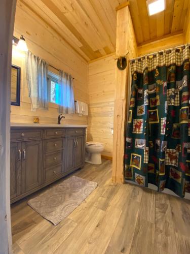 麋鹿城黄石杀手鳟宾客牧场住宿加早餐旅馆的小木屋内的浴室设有卫生间和淋浴。