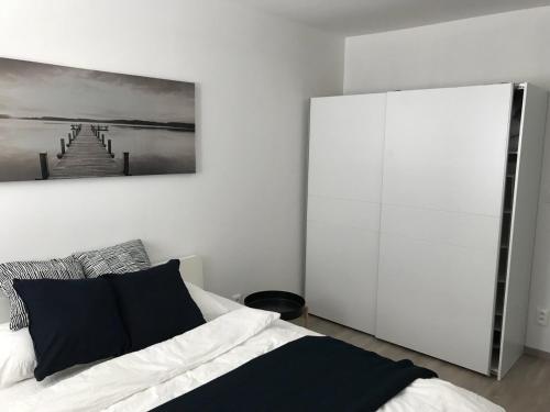 沙莫林Šamorín modern apartmens的卧室配有一张床,墙上挂有绘画作品