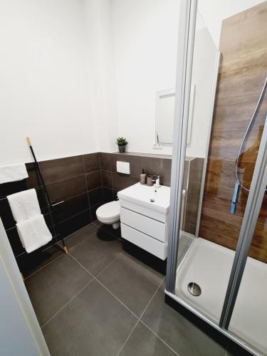 美茵河畔哈瑙Best Boarding House的带淋浴、卫生间和盥洗盆的浴室