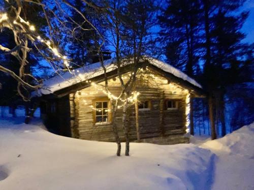 萨利色尔卡Kuukkeli Log Houses Aurora Cabin - Jaspis的雪中带灯的小木屋