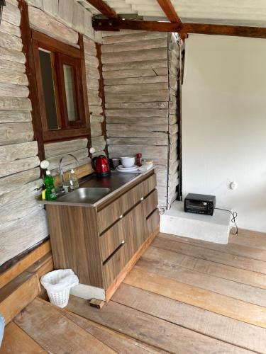 萨兰托Cabañas Valle del Cocora La Truchera的小木屋内的厨房设有水槽