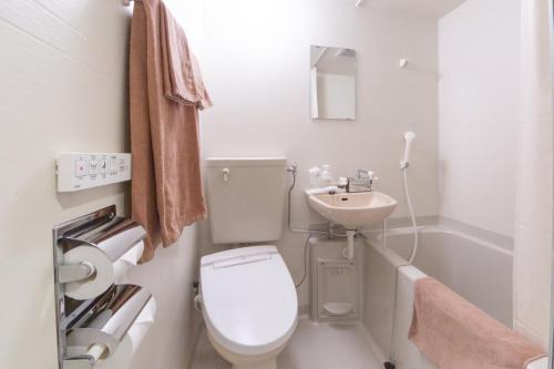 德岛Hotel Taiyonoen Tokushima Kenchomae - Vacation STAY 26347v的一间带卫生间和水槽的小浴室