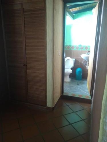 MéridaCabañas Falconia的一间带卫生间的浴室和一个带镜子的门