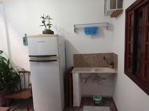 卡波布里奥Suíte Cleo的一间带冰箱和水槽的小厨房