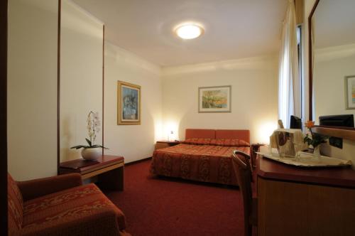 科内利亚诺克里斯塔罗酒店的配有一张床和一张书桌的酒店客房