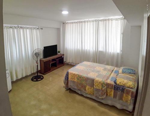 巴拿马城Habitaciones privadas en un departamento encantador的一间卧室配有床、电视和窗帘