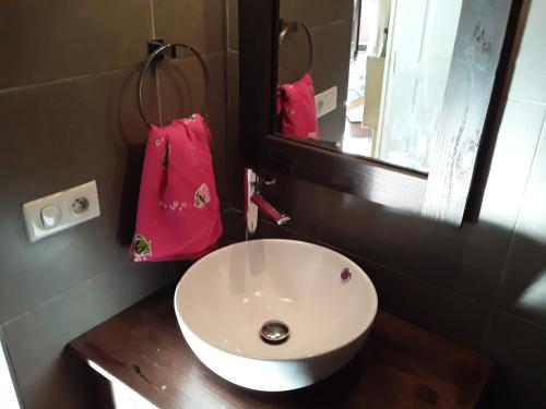 帕皮提ROYAL VAI的浴室设有白色水槽和粉色袋子