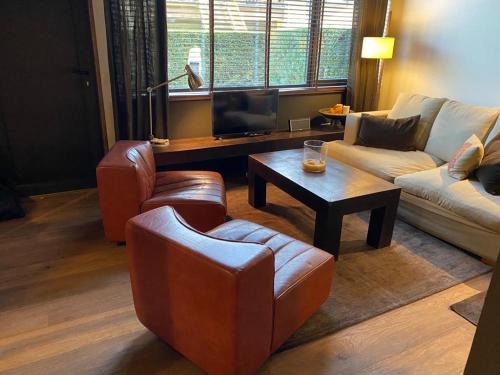 阿尔普Apartament Pla de Masella的带沙发和咖啡桌的客厅